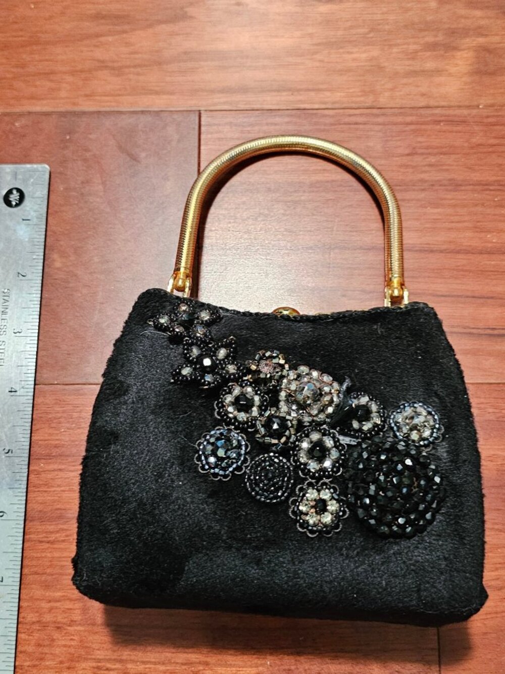 Black Embellished Evening Handbag with Gold Handle